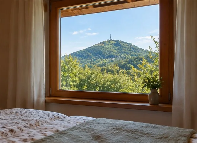 Pogled iz spavaće sobe kroz prozor na šumovito brdo Samoborskog gorja