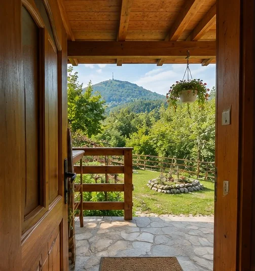 Pogled kroz ulazna vrata na terasu, vrt i brdo
