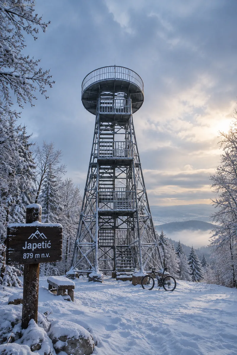 Vidikovac na vrhu Japetića zimi, pod snijegom, s putokazom Japetić 879 m n.v.