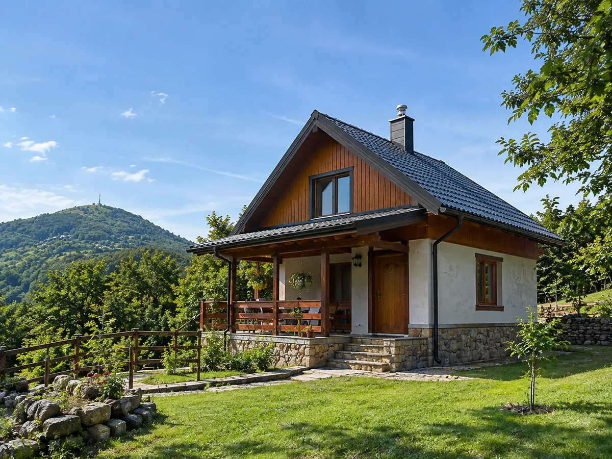 Mirekova hiža, kamena kuća za odmor s drvenim zabatom, kamenim podnožjem i natkrivenom terasom u Samoborskom gorju, iza nje šumovito brdo